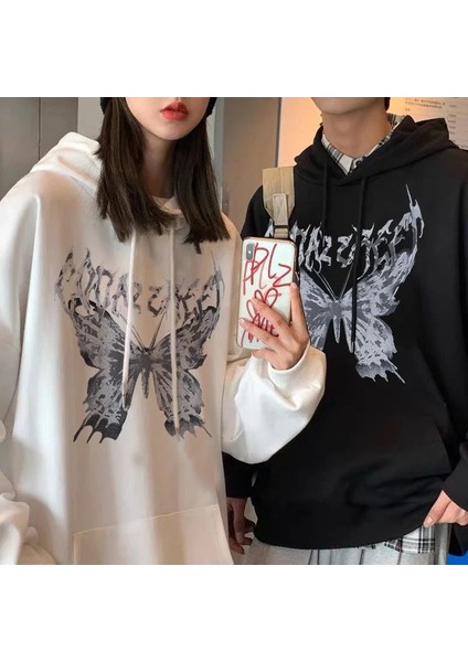 Harajuku Butterfly Beyaz Kalın Kumaş Kapşonlu Sweatshirt