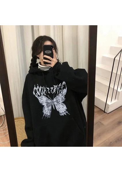 Harajuku Butterfly Siyah Kalın Kumaş Kapşonlu Sweatshirt