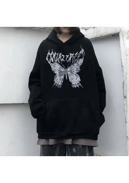 Harajuku Butterfly Siyah Kalın Kumaş Kapşonlu Sweatshirt