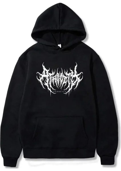 Atrocity Baskılı Siyah Kalın Kumaş Kapşonlu Sweatshirt