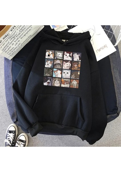 Cat Memes Collage Siyah Kalın Kumaş Kapşonlu Sweatshirt