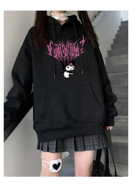 Siyah Kuromi Pink Baskılı Kalın Kumaş Kapşonlu Sweatshirt