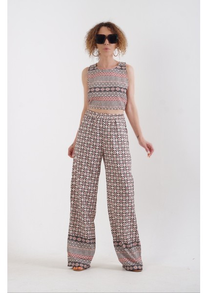 Tribal Desenli Crop Top Pantolon Takım