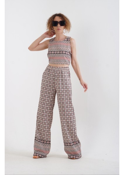 Tribal Desenli Crop Top Pantolon Takım