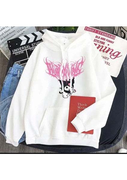 Beyaz Kuromi Pink Baskılı Kalın Kumaş Kapşonlu Sweatshirt