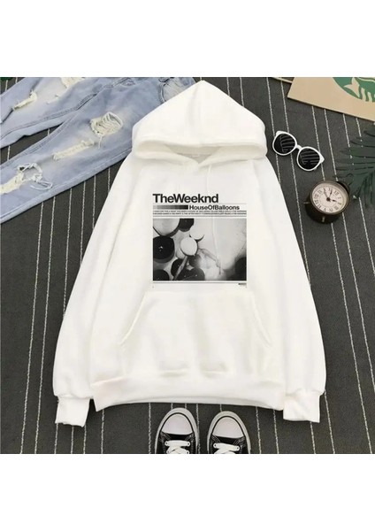 The Weeknd Baskılı Beyaz Kalın Kumaş Kapşonlu Sweatshirt
