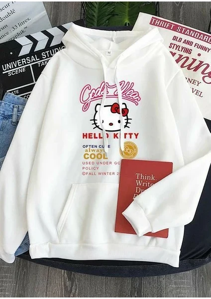 Hello Kitty Gods Wear Beyaz Kalın Kumaş Kapşonlu Sweatshirt