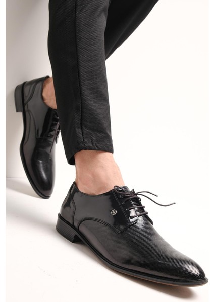 Falc 102 Rozet Detaylı Dokulu Siyah Rugan Erkek Klasik Ayakkabı