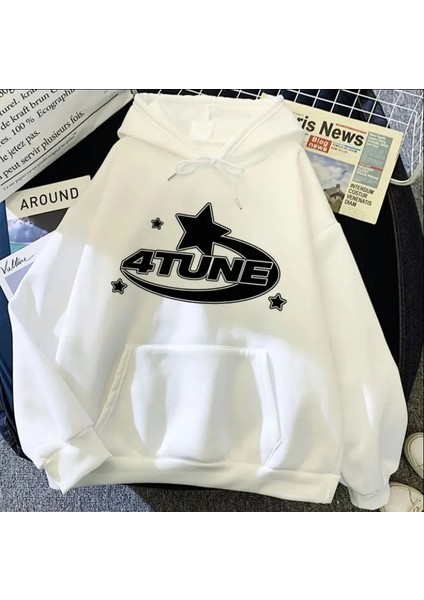 Beyaz 4 Tune Kalın Kumaş Kapşonlu Sweatshirt