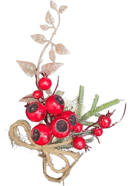 Yılbaşı Yapay Çiçek Kırmızı Meyveli Yapraklı Ipli Boy 14CM , En 15CM