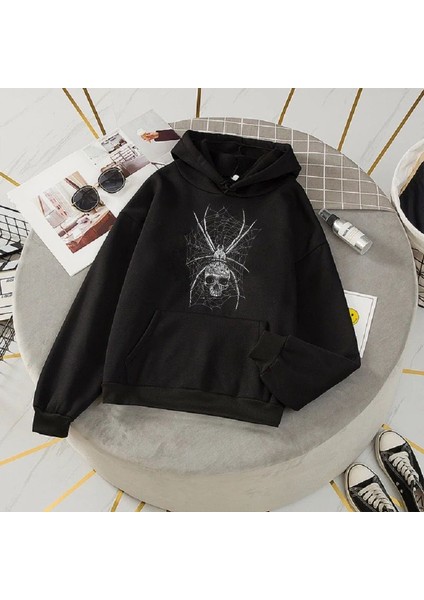 Spider Skull Kalın Kumaş Kapşonlu Sweatshirt