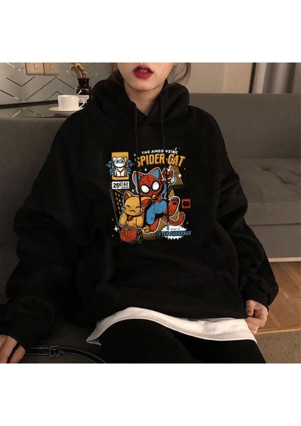 Spider-Cat Baskılı Siyah Oversize Kalın Kumaş Kapüşonlu Sweatshirt