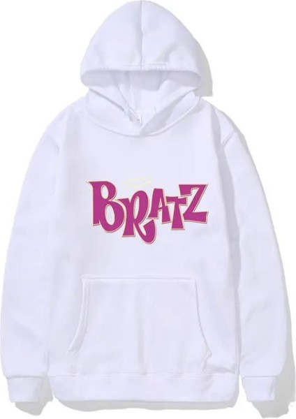 Beyaz Bratz Kalın Kumaş Kapşonlu Sweatshirt