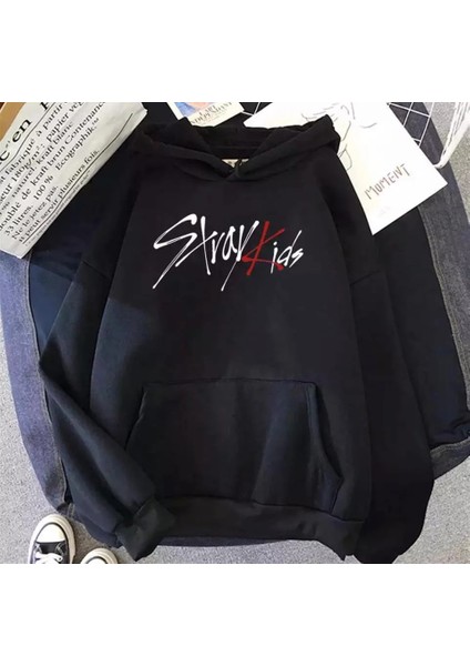 Stray Kids Siyah Kalın Kumaş Kapşonlu Sweatshirt