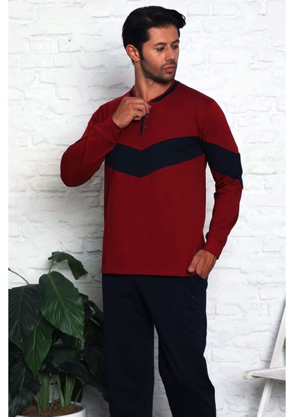 Erkek Bordo O Yaka Patlı Düğmeli Uzun Kollu Cepli Likralı Penye Pijama Takımı EDY1182UK-BRD fırsatları
