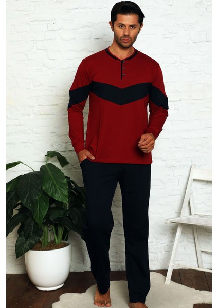 Erkek Bordo O Yaka Patlı Düğmeli Uzun Kollu Cepli Likralı Penye Pijama Takımı EDY1182UK-BRD modelleri