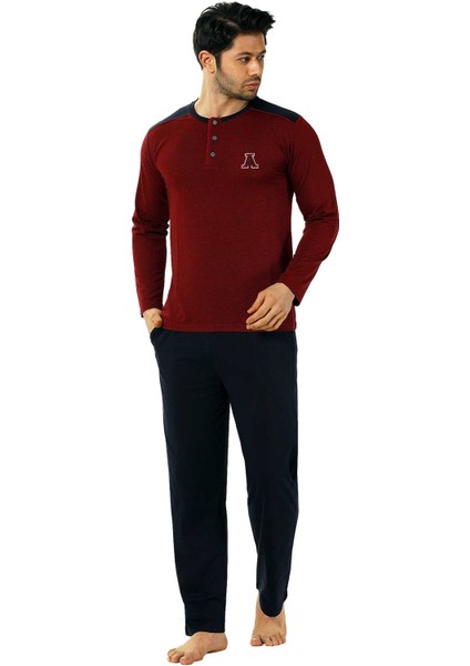 Bordo O Yaka Patlı Düğmeli Uzun Kollu Cepli Jakarlı Erkek Pijama Takımı EDY1136UK-B