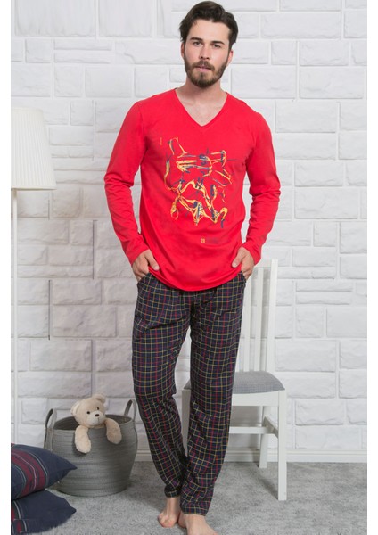 Erkek Süprem Penye Uzun Kollu Cepli V Yaka Kırmızı Pijama Takım 4772 indirimleri