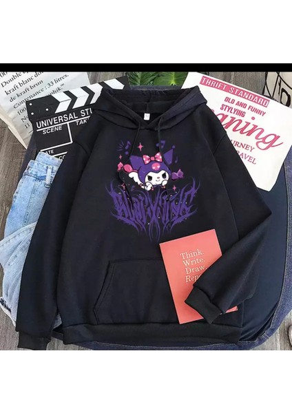 Siyah Kalın Kumaş Kapüşonlu Kuromi Sweatshirt