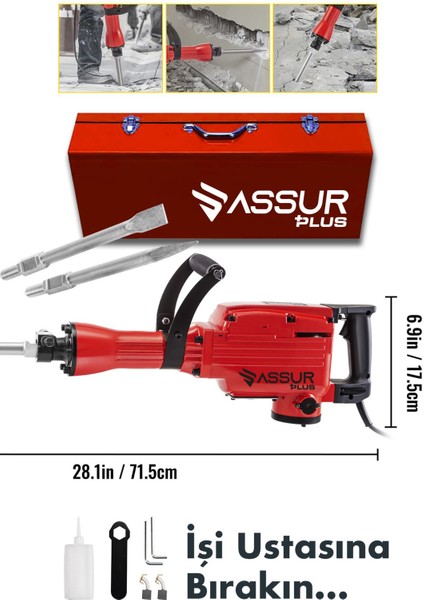 Assur Plus Büyük Tip Kırıcı Hilti Kavrama Kollu 16 kg 3 Metre Kablolu Kırmızı 65 mm