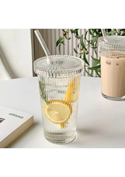 Şeritli Bardak Pipetli Plastik Kahve Bardağı Mika Bardak Cam Pipetli indirimleri