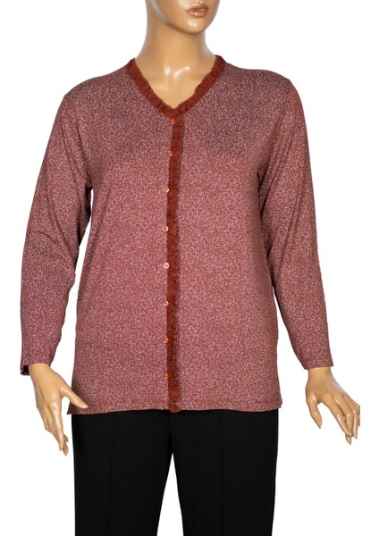 Cimariva Kadın Büyük Beden Fırfırlı Kırçıllı Taba Bluz