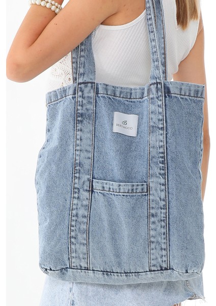Açık Mavi Kot Kumaş Şeritli ve Cepli Bez Omuz & Kolçantası Kanvas Iş Spor Günlük Jean Model Yazlık