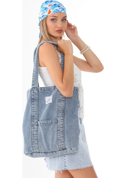Açık Mavi Kot Kumaş Şeritli ve Cepli Bez Omuz & Kolçantası Kanvas Iş Spor Günlük Jean Model Yazlık