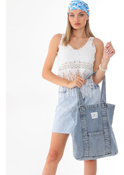 Açık Mavi Kot Kumaş Şeritli ve Cepli Bez Omuz & Kolçantası Kanvas Iş Spor Günlük Jean Model Yazlık