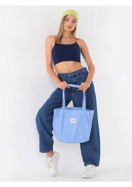 Bebe Mavisi Kumaş Bez Kol & Omuz Çantası Tote Bag Kanvas Iş Spor Günlük Kot Jean Plaj Model Yazlık