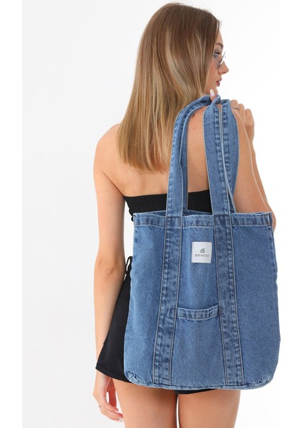 Mavi Kot Kumaş Şeritli ve Cepli Bez Omuz & Kolçantası Kanvas Iş Spor Günlük Jean Model Yazlık