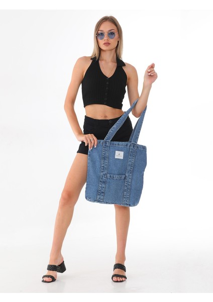 Mavi Kot Kumaş Şeritli ve Cepli Bez Omuz & Kolçantası Kanvas Iş Spor Günlük Jean Model Yazlık