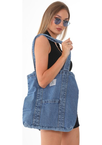 Mavi Kot Kumaş Şeritli ve Cepli Bez Omuz & Kolçantası Kanvas Iş Spor Günlük Jean Model Yazlık