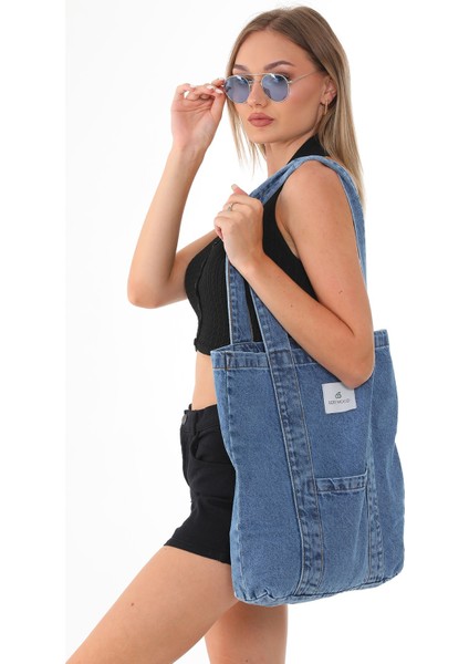 Mavi Kot Kumaş Şeritli ve Cepli Bez Omuz & Kolçantası Kanvas Iş Spor Günlük Jean Model Yazlık