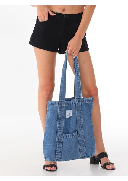 Mavi Kot Kumaş Şeritli ve Cepli Bez Omuz & Kolçantası Kanvas Iş Spor Günlük Jean Model Yazlık