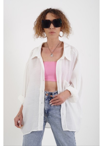 Beyaz Omzu Düşük Oversize Gömlek