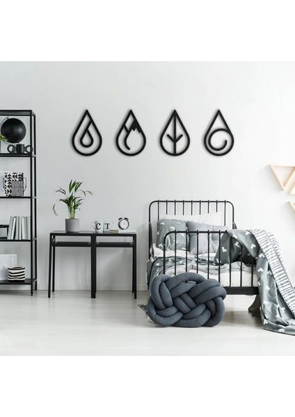 Dekoratif 4 Lü Set Elements Siyah Metal Duvar Dekoru