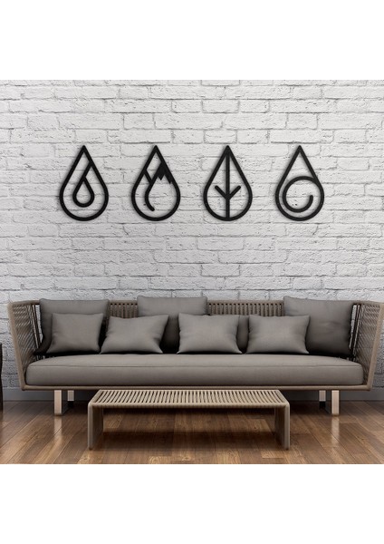 Dekoratif 4 Lü Set Elements Siyah Metal Duvar Dekoru