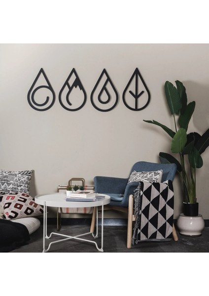 Dekoratif 4 Lü Set Elements Siyah Metal Duvar Dekoru