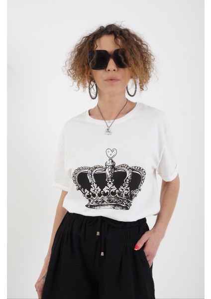 Ekru Taç Baskılı Tshirt