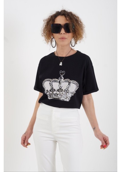 Siyah Taç Baskılı Tshirt