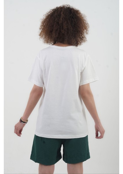 Ekru Taşlı Çiçek ve Kulaklık Baskılı Tshirt modelleri