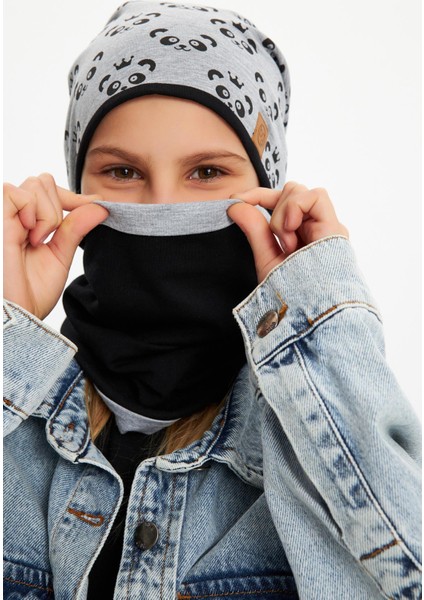 Gri Kız Çocuk Panda Desenli Bere Boyunluk Set Yumuşak Çift Katlı %100 Doğal Pamuklu Penye