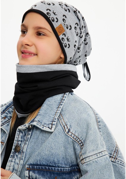 Gri Kız Çocuk Panda Desenli Bere Boyunluk Set Yumuşak Çift Katlı %100 Doğal Pamuklu Penye fiyatları