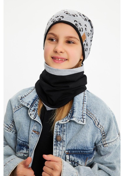 Gri Kız Çocuk Panda Desenli Bere Boyunluk Set Yumuşak Çift Katlı %100 Doğal Pamuklu Penye modelleri