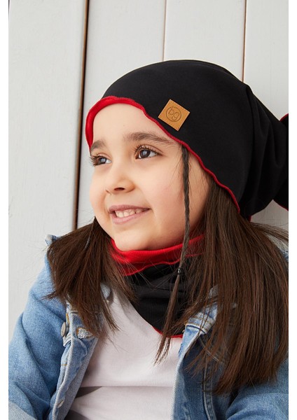 Siyah Kırmızı Çocuk Bebek Bere Boyunluk Set Yumuşak %100 Pamuklu Penye Elit Seri