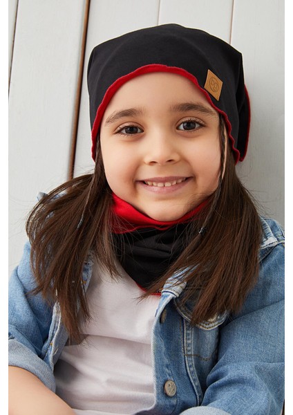 Siyah Kırmızı Çocuk Bebek Bere Boyunluk Set Yumuşak %100 Pamuklu Penye Elit Seri