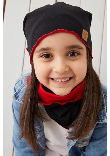 Siyah Kırmızı Çocuk Bebek Bere Boyunluk Set Yumuşak %100 Pamuklu Penye Elit Seri