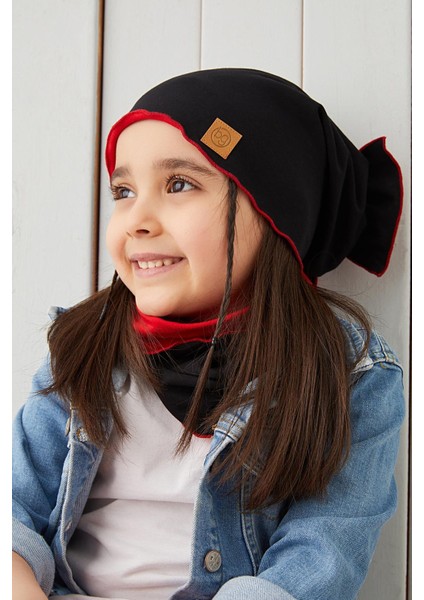 Siyah Kırmızı Çocuk Bebek Bere Boyunluk Set Yumuşak %100 Pamuklu Penye Elit Seri
