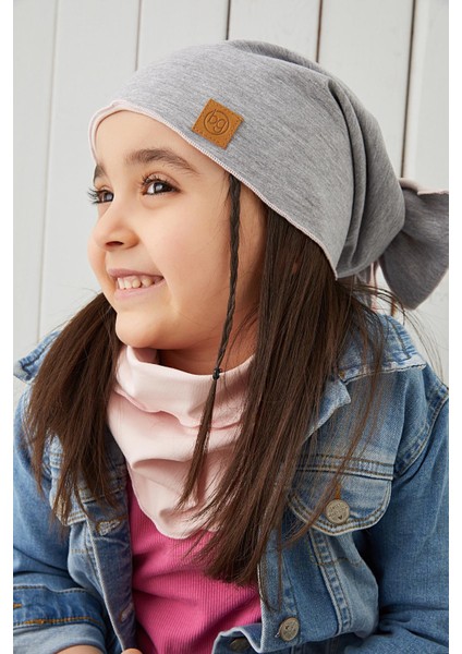 Pudra Gri Çocuk Bebek Bere Boyunluk Set Yumuşak %100 Pamuklu Penye Elit Seri